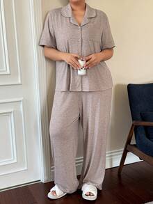 Dream Adore Plus Size Women Loose Comfortable Knit Collared Short Sleeve Pajama Set - Mocha Brown - View 3