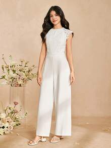 Bộ áo liền quần thanh lịch có khóa kéo và viền ren dành cho thiếu nữ. Chất liệu vải mềm mại, ống rộng, cạp cao, tay áo khoét lỗ, phù hợp cho các buổi đi chơi hàng ngày và tiệc tùng. - trắng - Xem 5