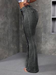 SHEIN ICON Pantalones acampanados de mezclilla lavada de moda callejera para mujer - Gris Oscuro - Ver 4
