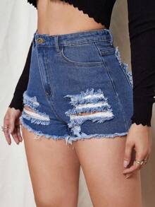 Jeanoix Fashionable Summer Frayed Ripped Casual Versatile Denim Shorts - Medium Wash - View 5