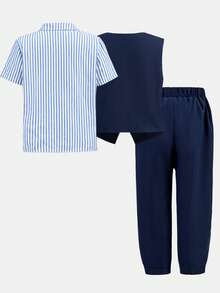 SHEIN 三件套/经济实惠的休闲运动学院风彩色条纹缎带装饰Polo领短袖衬衫和卡其色梭织短裤套装，适合日常穿着、春夏运动、郊游、校园活动、聚会、节日庆典、婚礼、婚宴等场合。 - 彩色 - 查看 5