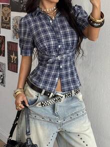 StreetHx 女士海军蓝格子修身可调节短袖衬衫，休闲百搭 - 藍色 - 查看 6