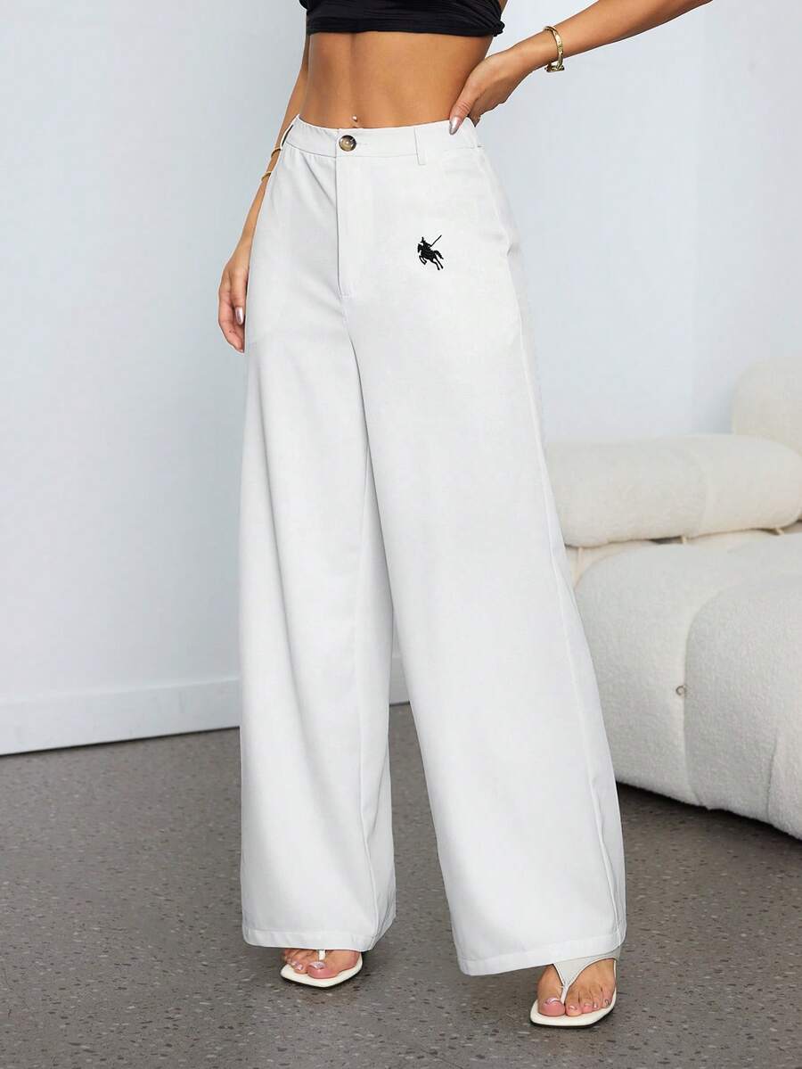 SHEIN PETITE Pantalones casuales anchos de pierna ancha con bolsillos de unicolor para mujer - Blanco - Ver 1