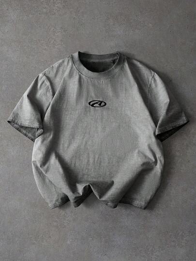 PAVTROS 男士圆领水洗字母刺绣图案休闲日常短袖T恤