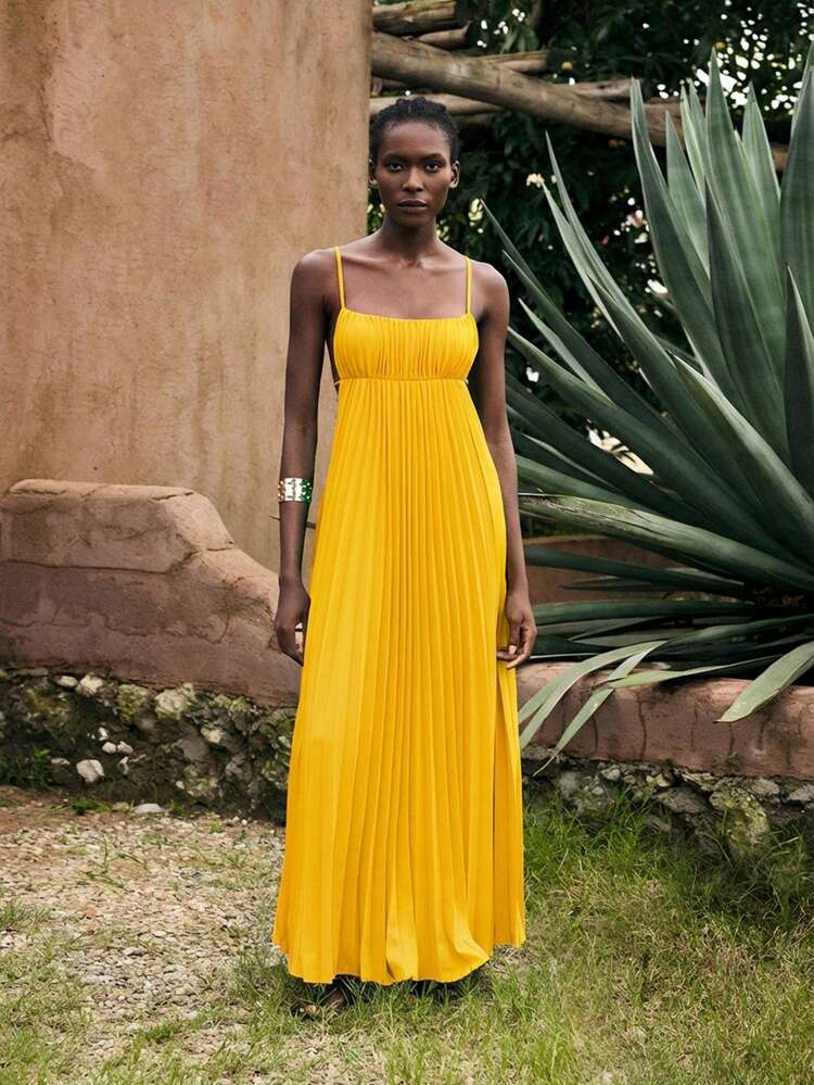 SHEIN Maija Women's Summer Vacation Dress, Minimalist Sleeveless Solid Color Bohemian Beach Dress, Suitable For Spring And Summer Yellow Maxi Dress Pleated Maxi Dress Yellow Sundress Women Long Sun Dress Yellow Dress  St Patrick's Day Women Easter Summer Outfits Easter Dress Women Party Top Beach Dress Summer Holiday Outfits Each Vacation Outfits For Women  Summer Outfit For Women Going Out Outfits Graduation Graduation Outfit  Casual Dresses  Casual Blouses For Women