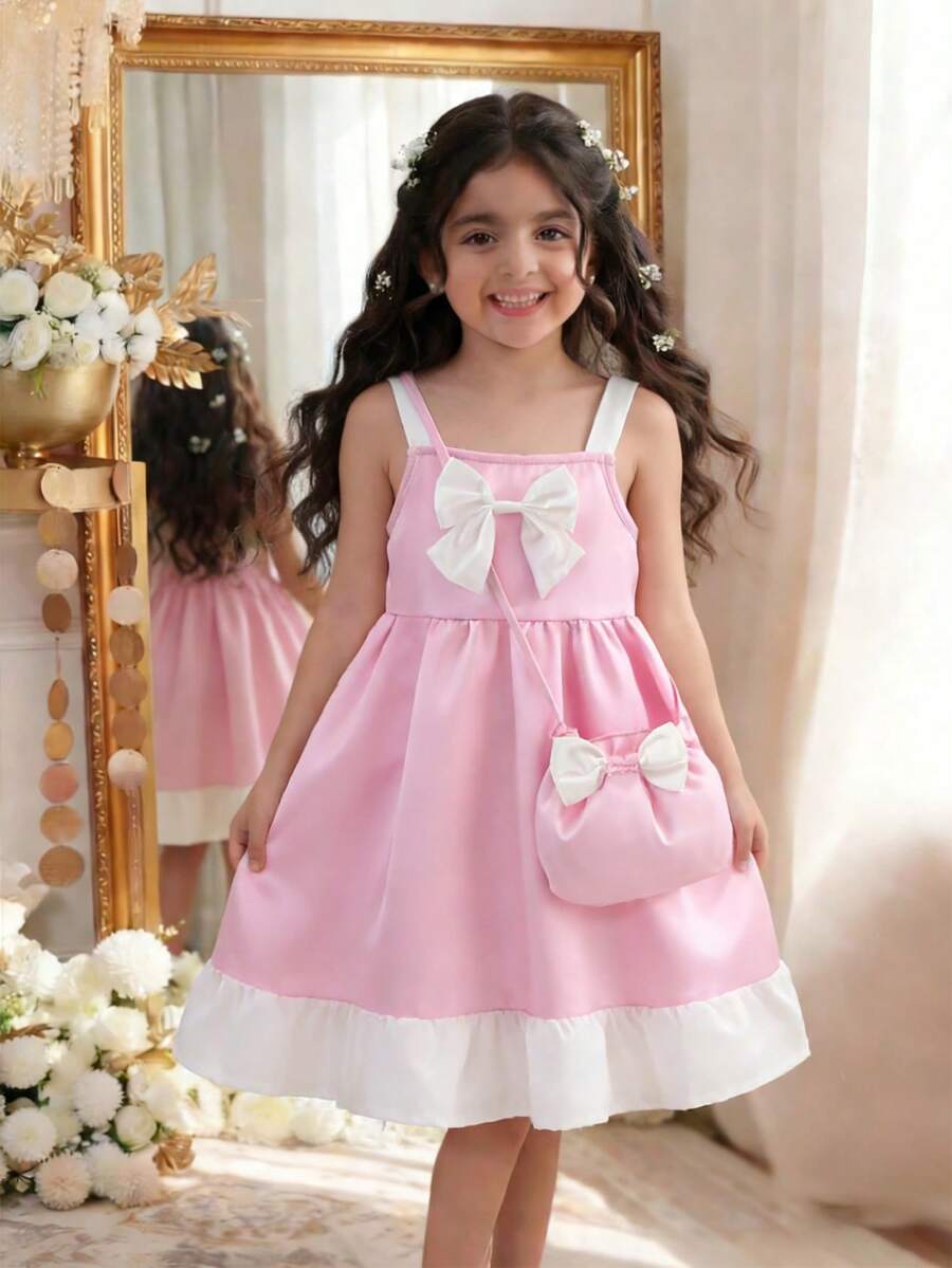 女童蝴蝶结荷叶边下摆夏季连衣裙，1件装 - 粉色 - 查看 1