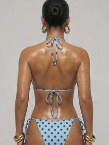 SHEIN BAE 女士性感波点印花挂脖比基尼两件套泳衣，夏季度假 - 藍色 - 查看 2