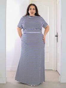 Pretty and Ole 2pcs/Set Women Plus Size Casual Vacation T-Shirt And Striped Maxi Dress, Spring/Summer - Navy Blue - View 1