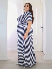 Pretty and Ole 2pcs/Set Women Plus Size Casual Vacation T-Shirt And Striped Maxi Dress, Spring/Summer - Navy Blue - View 5