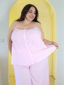 Pretty and Ole Conjunto de 2 piezas: Blusa de cuello halter con rayas y pantalón ancho holgado para mujer talla grande, uso casual y diario - Rosa - Ver 4