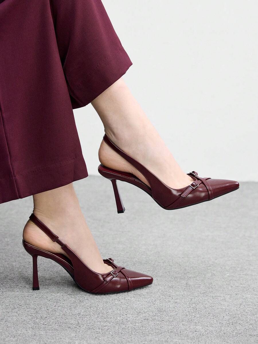CUCCOO BIZCHIC Women's Wine Red Butterfly Decor High Heel Shoes With Ankle Strap, Suitable For Work Spring Shoes Spring Break Easter For Christmas - Burgundy PU material - View 1