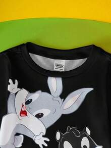 LOONEY TUNES X SHEIN 男婴可爱卡通动物印花长袖T恤和裤子修身睡衣套装 - 黑色 - 查看 3