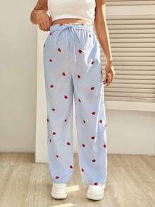 SHEIN Maternity Striped & Strawberry Print Elastic Waist Casual Pants - Red - View 6