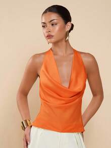 COSMINA Áo hai dây nữ màu trơn cổ chữ V khoét sâu, hở lưng, cổ xếp ly - trái cam - Xem 2