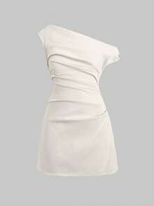 SHEIN 少女杏色褶皱不对称肩部优雅连衣裙 - 杏色 - 查看 8