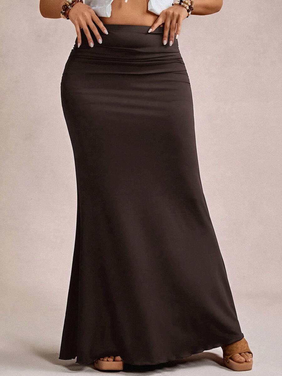 Freevana Plus Size Elegant Romantic Vintage A-Line Maxi Knit Skirt For Party And Gathering, Autumn/Winter - Coffee Brown - View 1