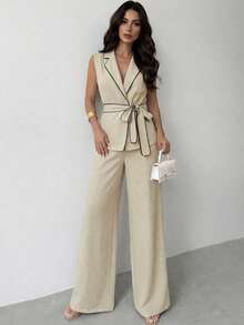 Firerie 女士优雅亚麻混纺撞色上衣和裤子套装，适合度假 - 彩色 - 查看 5