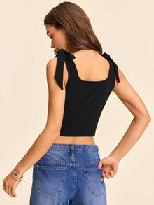 SHEIN VCAY Top tank de hombros con cordón tejido de canalé - Negro - Ver 3