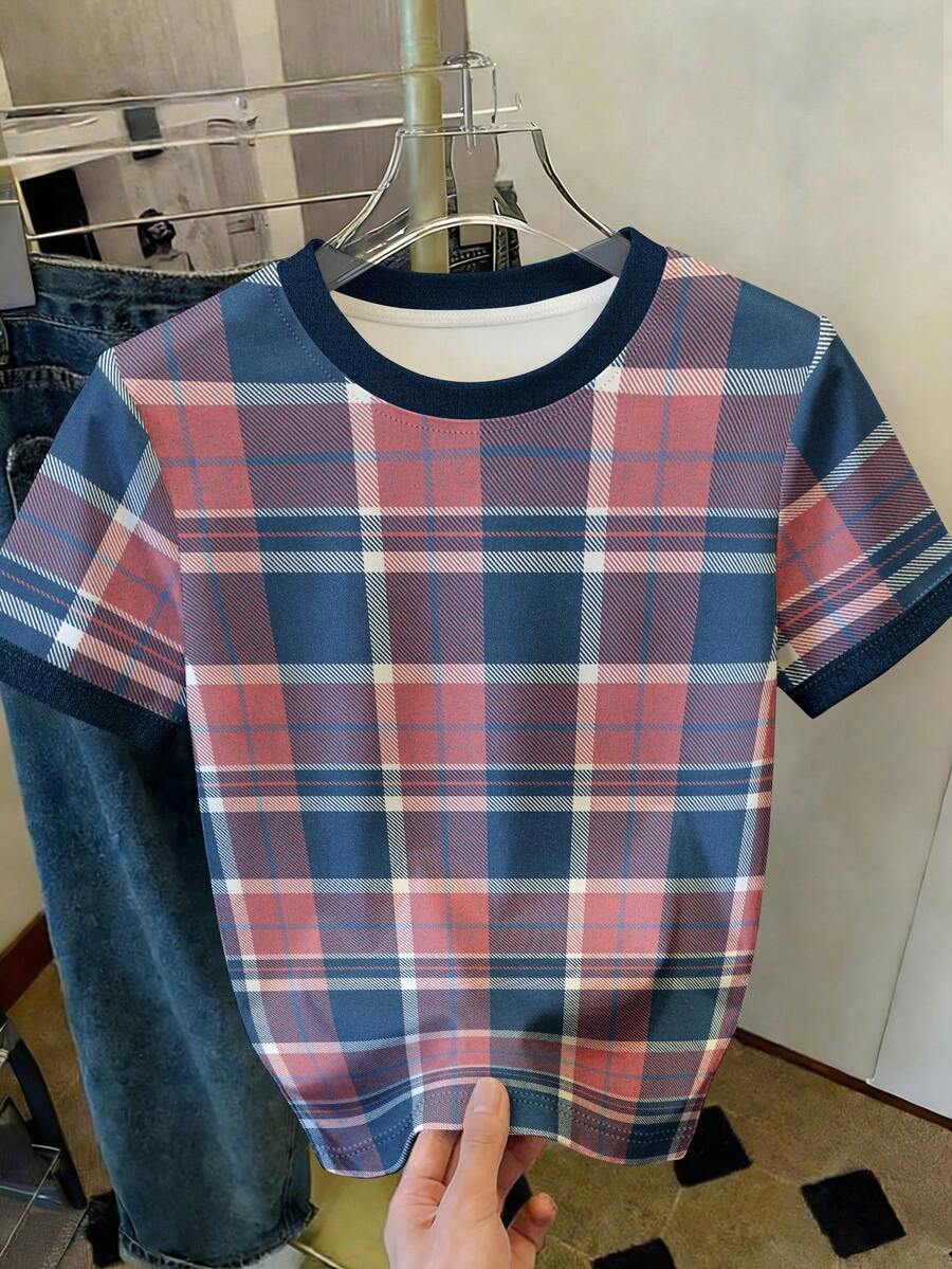 Resyla 粉蓝格子撞色圆领T恤 复古格子图案 休闲短袖上衣 Y2K美学撞色滚边格子T恤 学院风粉蓝格子夏季T恤 撞色领格子印花休闲T恤 - 粉色 - 查看 1