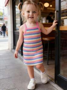 SHEIN Baby Girls Rainbow Striped Elastic Cute Sleeveless Dress, Spring/Summer - Pink - View 8