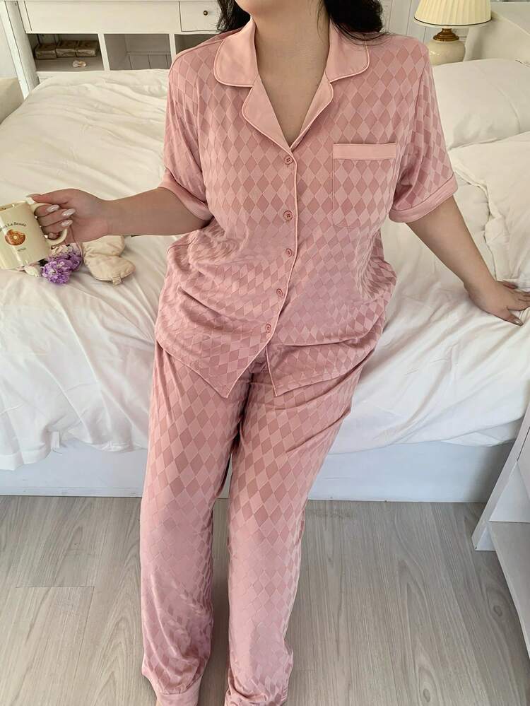Dazy Plus Plus Size Women Argyle Print Short Sleeve Button-Up Top And Pants Pajama Set