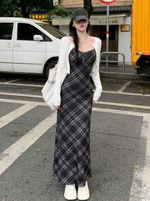 FRIFUL Women's Plaid Slip Dress With Cover Up Sweater, Sweet Vacation 2 Pieces Set - Black - View 2