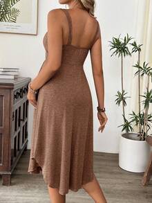 Cheriluna Maternity Maternity Solid Color Ruched Button Design Camisole Nursing Dress - Brown - View 2