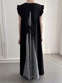 DAZY Women's V-Neck Cap Sleeve Plaid Patchwork Loose Mid-Length Dress - Black - View 4