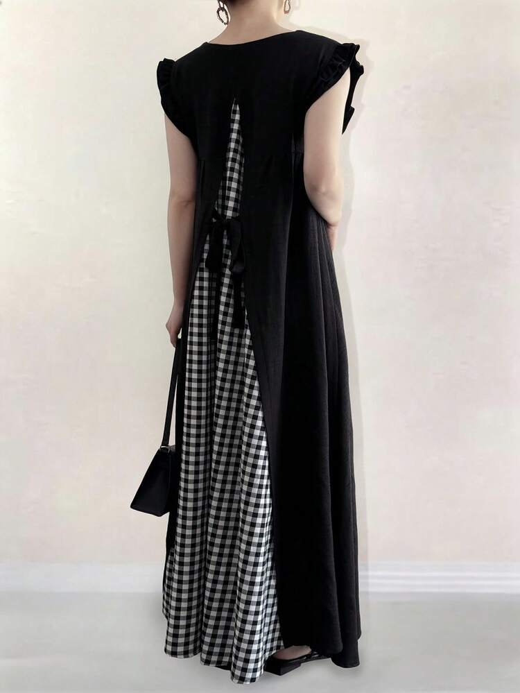 Women's V-Neck Cap Sleeve Plaid Patchwork Loose Mid-Length Dress Sundress Summer