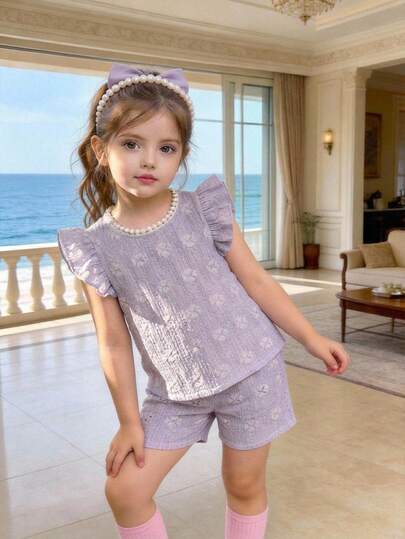 SHEIN 2pcs/Set Baby Girls' Summer Clothes Back To School Season 3M-3Y, Purple Jacquard Casual Cute Ruffle Collar Cap Sleeve T-Shirt Top And Elastic Waist Shorts, Soft And Fashionable For Spring/Summer Outings And Home, Suitable As Gift