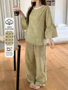 DAZY 2件套女士格子蕾丝拼接宽松七分袖直筒长款睡衣套装，夏季 - 綠色 - 查看 3