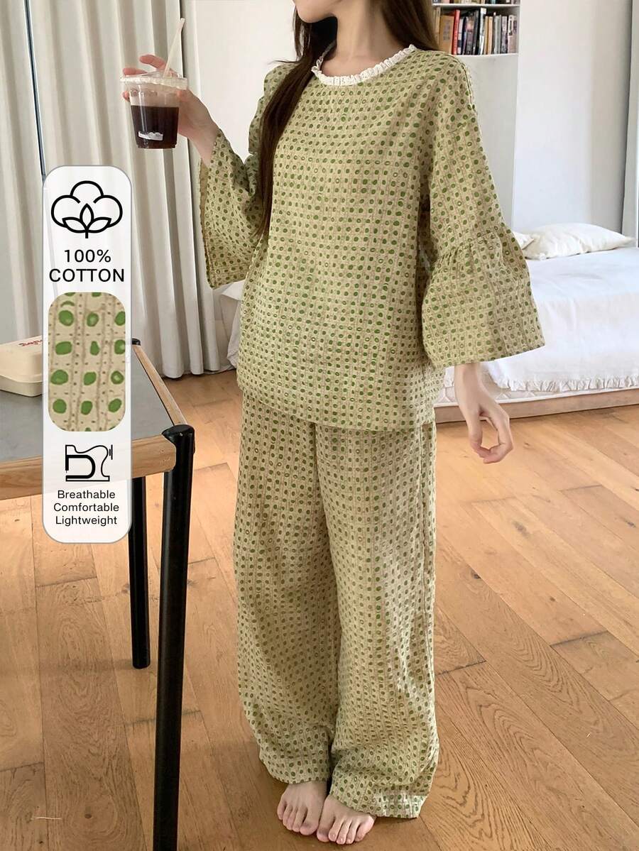 DAZY 2件套女士格子蕾丝拼接宽松七分袖直筒长款睡衣套装，夏季 - 綠色 - 查看 1