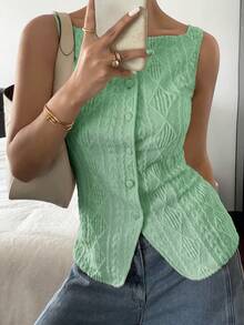 Siren Gaze Camisa casual sin mangas con botones y textura geométrica para mujer - Verde - Ver 7