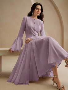 Anewsta Gaun Putih Elegan Lengan Panjang Model Mengembang dengan Kancing di Lengan - Mauve Purple - View 7