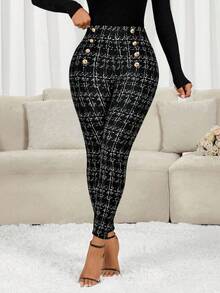 SHEIN Lady Petite Lady Petite 女士腰部金属纽扣格子休闲优雅打底裤，秋季款 - 彩色 - 查看 4