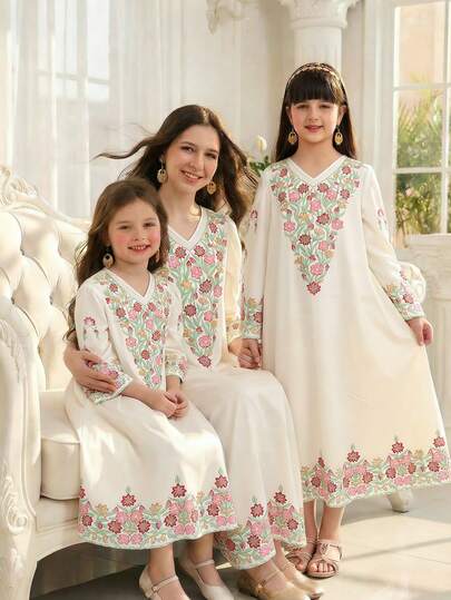 Colorful Floral Print V-Neck Long Sleeve Dress, Suitable For Little Girls, White, Suitable For Travel, Vacation, Country Style, Casual Holiday And Bohemian Style, Suitable For Sisters, Suitable For Children And Parents Matching