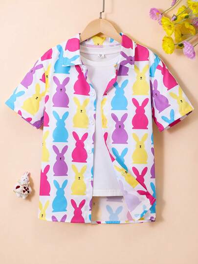 SHEIN Tween Boy Casual Cartoon Rabbit Print Short Sleeve Single-Breasted Gentleman Shirt