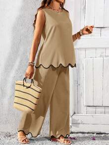 SHEIN Maternity Vacation Casual Contrast Color Shell Trim Tank Top And Pants 2 Pieces Set - Khaki - View 4