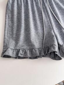 Resyla Women's Solid Color Elastic Waist Drawstring Ruffle Hem Casual Comfortable Breathable Shorts - Grey - View 8