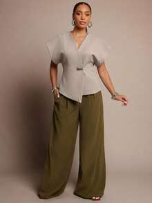 Vixey Solid Textured Woven Asymmetrical Hem Single Button Waistcoat Top - Light Grey - View 3