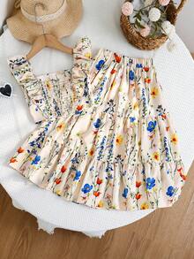 SHEIN Young Girl Floral Print Ruffle Hem Camisole And Skirt Set, Casual Vacation - White - View 2