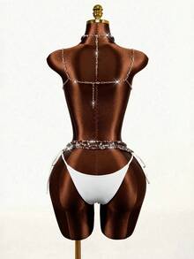 Sirith Conjunto de bikini con parte delantera anudada, espalda descubierta y cristales, estilo de vacaciones en la playa - Marrón - Ver 3