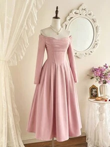 Vintamour 大码复古优雅女士连衣裙，带口袋，心形领口，露肩，褶皱设计，休闲假日派对连衣裙，夏季女装，夏季服装，夏季度假装，春季女装，春季连衣裙，春假女装，春季女装，情人节连衣裙，情人节女装，情人节套装，优雅派对婚礼宾客连衣裙 - 粉色 - 查看 7