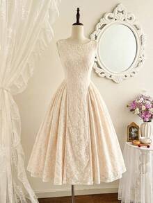 Vintamour 复古优雅女士连衣裙，带口袋，天鹅绒珍珠链，适合派对、假日、鸡尾酒会等场合。优雅派对连衣裙，夏季女士连衣裙，夏季度假装，春季女装，春季连衣裙，春季服装，春假装，优雅派对连衣裙，优雅派对连衣裙，女士婚礼宾客连衣裙，婚礼派对连衣裙，毕业礼服，优雅典礼礼服，优雅女士正式礼服。 - 杏色 - 查看 2