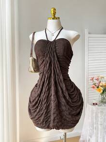 Comfortcana Plus Size Pleated Knit Jacquard Textured Backless Cami Dress, Casual Vacation Wear, Spring/Summer - Brown - View 5