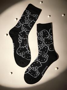 HELLO KITTY AND FRIENDS | SHEIN 1  Pair Soft & Breathable Moisture-Wicking Casual Women Mid-Calf Socks With Cat Pattern Fashionable Cute Cartoon Black Crew Socks Reinforced Toe & Heel For Durability All Season All-Match Summer Winter,Graphics Socks - màu đen - Xem 2