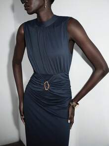 Lumivelle Women's Casual Sleeveless Dress With Neck Tie Design And Waist Metal Decor, Suitable For Spring/Summer Daily Commute - Royal Blue - View 1
