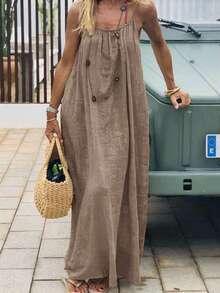 Cévolie Plus Size Solid Color Minimalist Casual Slip Dress - Mocha Brown - View 3