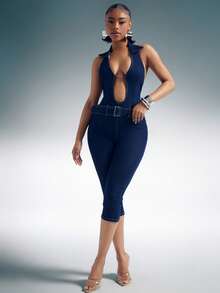 Denimoi Stretch Denim Plunge Neck Cut Out Halter Denim Romper Capri Romper Capri Jeans Sexy Outfits - Dark Wash - View 1