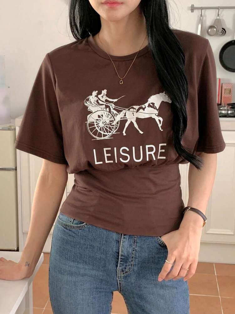 Women's Loose Casual Vacation Letter Print 2 In 1 Round Neck T-Shirt, Spring/Summer